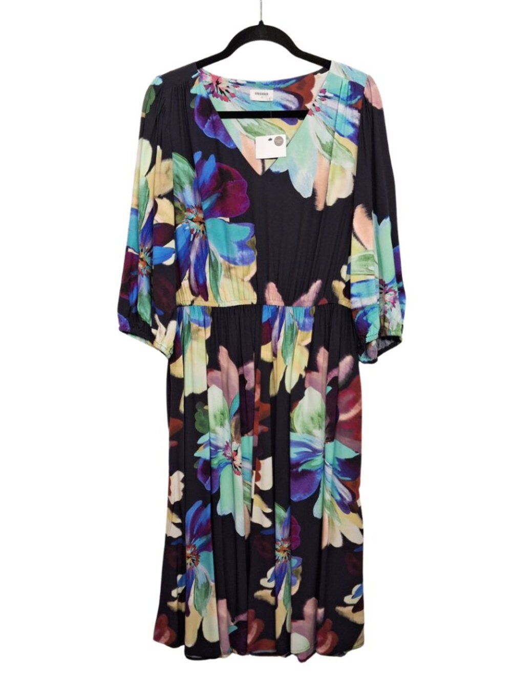 SUSSAN Floral Midi Dress V Neck Black Colorful Tropical Exclusive Print 16 NWT